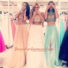 Halter Top Blue A-line Beading Prom Dress Zipper Tulle Sleeveless Floor Length