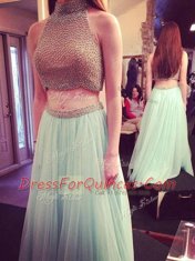 Halter Top Blue A-line Beading Prom Dress Zipper Tulle Sleeveless Floor Length
