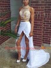 Charming Chiffon Scoop Sleeveless Court Train Zipper Beading Dress for Prom in White