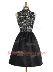 Colorful Satin High-neck Sleeveless Zipper Beading and Appliques Prom Dresses in Black