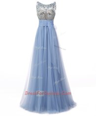 New Style Blue A-line Tulle Scoop Sleeveless Beading and Bowknot Floor Length Backless Evening Dress