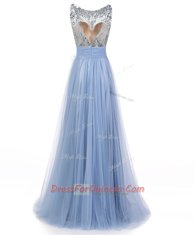 New Style Blue A-line Tulle Scoop Sleeveless Beading and Bowknot Floor Length Backless Evening Dress
