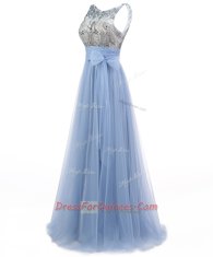 New Style Blue A-line Tulle Scoop Sleeveless Beading and Bowknot Floor Length Backless Evening Dress