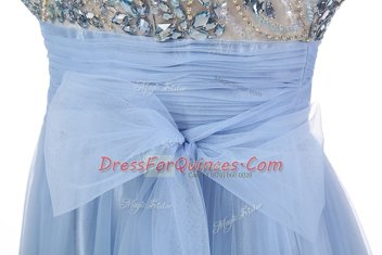 New Style Blue A-line Tulle Scoop Sleeveless Beading and Bowknot Floor Length Backless Evening Dress