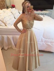 Champagne Chiffon Zipper Prom Gown Long Sleeves Floor Length Beading and Lace
