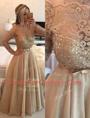Champagne Chiffon Zipper Prom Gown Long Sleeves Floor Length Beading and Lace