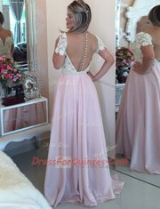 Flare Pink Prom Gown Prom and For with Beading and Lace Scoop Short Sleeves Zipper