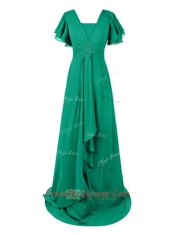 Green V-neck Neckline Beading and Ruching Prom Dresses Short Sleeves Zipper