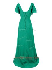 Green V-neck Neckline Beading and Ruching Prom Dresses Short Sleeves Zipper