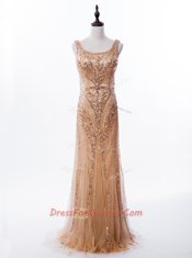 Square Sequins Mermaid Sleeveless Gold Prom Evening Gown Brush Train Zipper