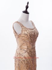 Square Sequins Mermaid Sleeveless Gold Prom Evening Gown Brush Train Zipper