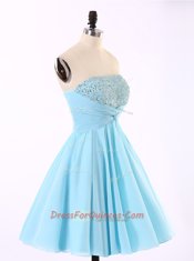 Blue Chiffon Zipper Strapless Sleeveless Mini Length Evening Dress Beading and Sequins and Ruching