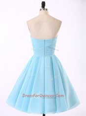 Blue Chiffon Zipper Strapless Sleeveless Mini Length Evening Dress Beading and Sequins and Ruching