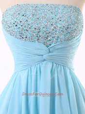 Blue Chiffon Zipper Strapless Sleeveless Mini Length Evening Dress Beading and Sequins and Ruching