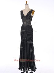 Mermaid Sequins Floor Length Black Prom Evening Gown V-neck Sleeveless Zipper