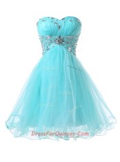 Deluxe Blue A-line Beading Evening Dress Lace Up Organza Sleeveless Knee Length