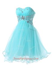 Deluxe Blue A-line Beading Evening Dress Lace Up Organza Sleeveless Knee Length