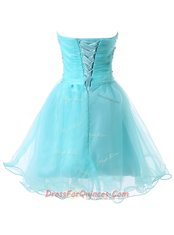 Deluxe Blue A-line Beading Evening Dress Lace Up Organza Sleeveless Knee Length