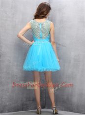 Sophisticated Blue A-line Tulle Scoop Sleeveless Beading Mini Length Zipper Prom Evening Gown