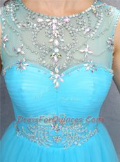 Sophisticated Blue A-line Tulle Scoop Sleeveless Beading Mini Length Zipper Prom Evening Gown