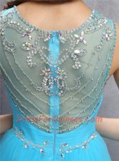 Sophisticated Blue A-line Tulle Scoop Sleeveless Beading Mini Length Zipper Prom Evening Gown