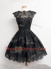 Top Selling Scoop Black Cap Sleeves Lace Zipper Prom Gown for Prom and Party
