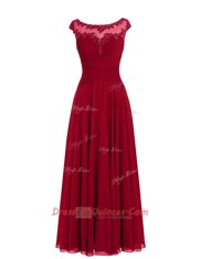 Floor Length Wine Red Homecoming Dress Scoop Cap Sleeves Zipper