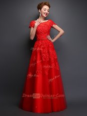 Custom Fit A-line Evening Dress Red Scoop Tulle Cap Sleeves Floor Length Lace Up