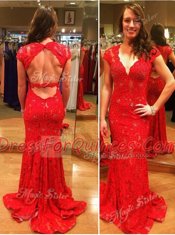 Red Mermaid Lace Sweetheart Cap Sleeves Lace With Train Backless Prom Dress Court Train