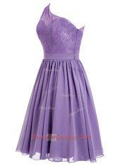 Lavender Chiffon Side Zipper One Shoulder Sleeveless Ankle Length Appliques