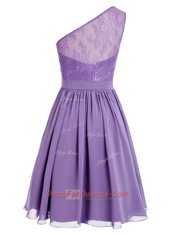 Lavender Chiffon Side Zipper One Shoulder Sleeveless Ankle Length Appliques