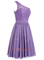 Lavender Chiffon Side Zipper One Shoulder Sleeveless Ankle Length Appliques