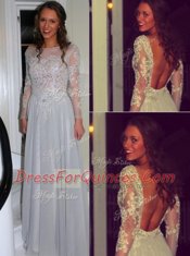 Adorable Grey Bateau Backless Appliques Homecoming Dress Long Sleeves