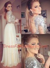 Vintage Sequins Prom Party Dress Champagne Backless Long Sleeves Floor Length