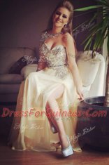 Vintage Sequins Prom Party Dress Champagne Backless Long Sleeves Floor Length