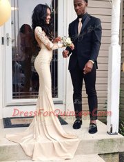 Adorable Mermaid Champagne Scoop Backless Appliques Prom Evening Gown Watteau Train Long Sleeves