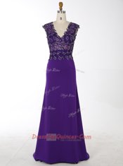 Mermaid Purple Zipper V-neck Beading Homecoming Dress Chiffon Sleeveless Brush Train