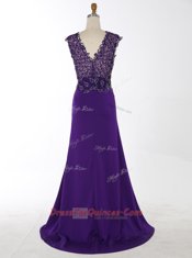 Mermaid Purple Zipper V-neck Beading Homecoming Dress Chiffon Sleeveless Brush Train