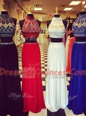 Stylish Navy Blue Backless High-neck Beading Homecoming Dress Chiffon Sleeveless Sweep Train