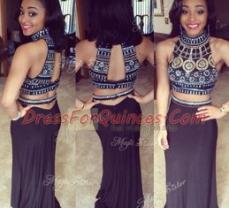 Stylish Navy Blue Backless High-neck Beading Homecoming Dress Chiffon Sleeveless Sweep Train