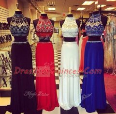 Stylish Navy Blue Backless High-neck Beading Homecoming Dress Chiffon Sleeveless Sweep Train