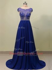 Luxury Scoop With Train A-line Cap Sleeves Royal Blue Prom Dresses Brush Train Zipper