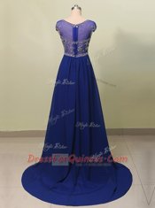 Luxury Scoop With Train A-line Cap Sleeves Royal Blue Prom Dresses Brush Train Zipper