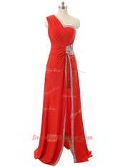 Red Dress for Prom Prom and Party and For with Beading and Ruching One Shoulder Sleeveless Zipper