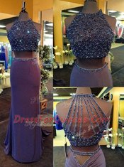 Beading Evening Dress Purple Criss Cross Sleeveless Floor Length