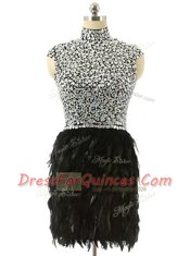 Noble Black High-neck Neckline Beading Prom Gown Cap Sleeves Zipper