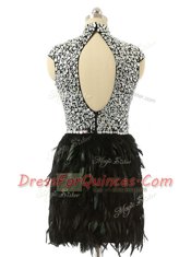 Noble Black High-neck Neckline Beading Prom Gown Cap Sleeves Zipper