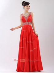 Shining Coral Red Sleeveless Beading Floor Length Prom Party Dress