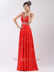 Shining Coral Red Sleeveless Beading Floor Length Prom Party Dress
