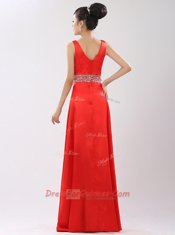 Shining Coral Red Sleeveless Beading Floor Length Prom Party Dress